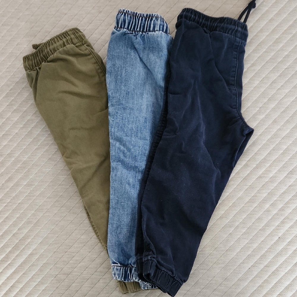 H&M Kids Jogger Pants Trio - Green, Light Denim, Dark Blue